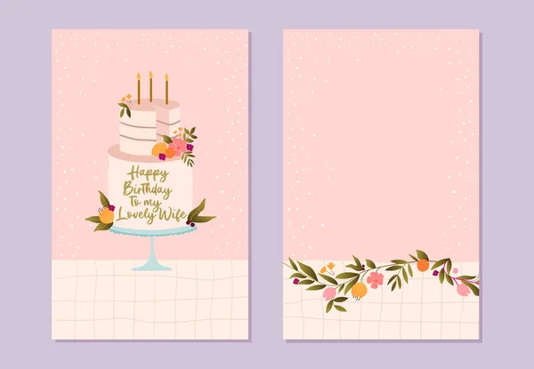 Стильная открытка на день рождения с тортом и свечами. Поздравительные открытки в розовых тонах. — стоковый вектор