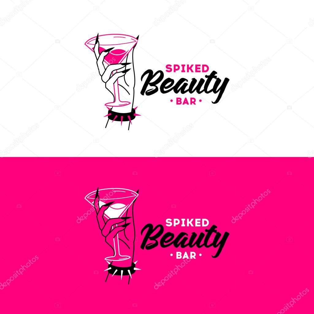 Beautiful female hand with elegant martini glass. Cocktail Beauty logo on white background.BEAUTY BAR. FOR LOGO