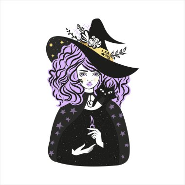 Yıldızlı ve yapraklı şapka takan sevimli cadı ve kedi. Vektör illüstrasyonu