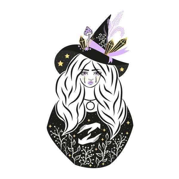 Cute witch wearing hat with stars and crystal — Stock Vector