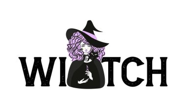 Cute witch and cat wearing hat. Vector illustration. Witch slogan.