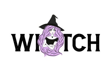 Cute witch wearing hat. Vector illustration. Witch slogan.
