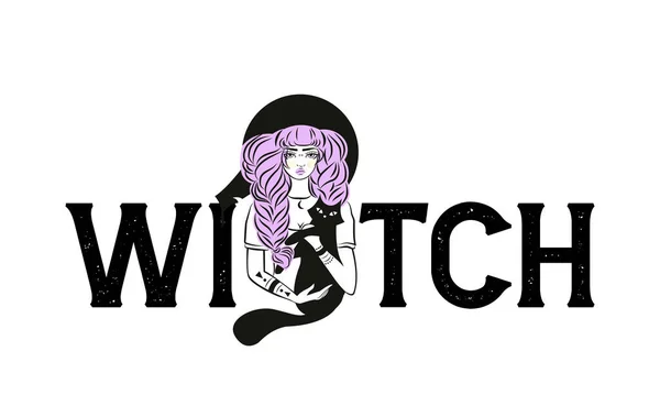 Cute witch and cat wearing hat. Vector illustration. Witch slogan. — Vetor de Stock