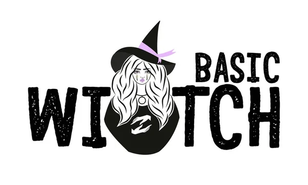 Cute witch wearing hat. Vector illustration. Basic Witch slogan. — ストックベクタ