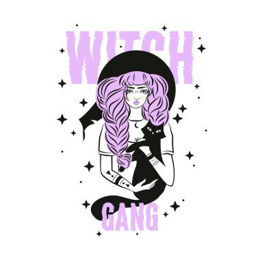 Cute witch and cat wearing hat. Vector illustration. Witch gang slogan with stars.