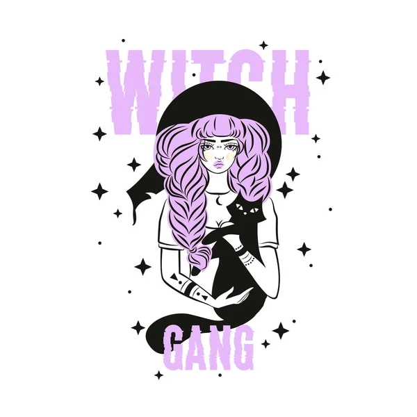 Cute witch and cat wearing hat. Vector illustration. Witch gang slogan with stars. — 图库矢量图片