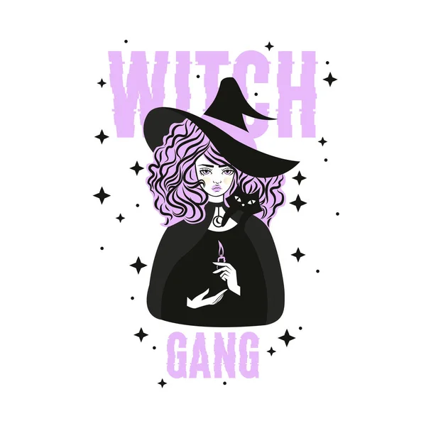 Cute witch and cat wearing hat. Vector illustration. Witch gang slogan with stars. — Vector de stock
