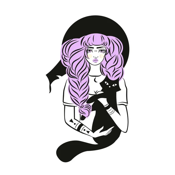 Mignonne sorcière et chat portant un chapeau — Image vectorielle