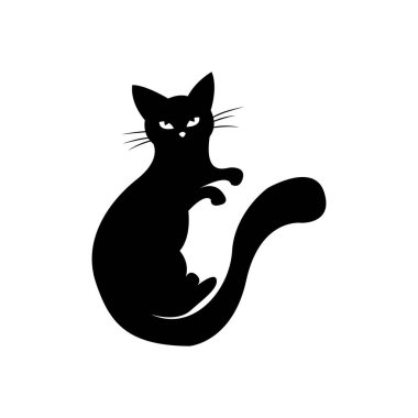 Beyaz arka planda gizemli siyah kedi. Vektör siluetli kedi. Evcil hayvan. Beyaz Arkaplanda Siyah Kedi Silueti. Simge Vektörü İllüstrasyonu. Logo, Yazdırma, Çıkartma Konsepti.