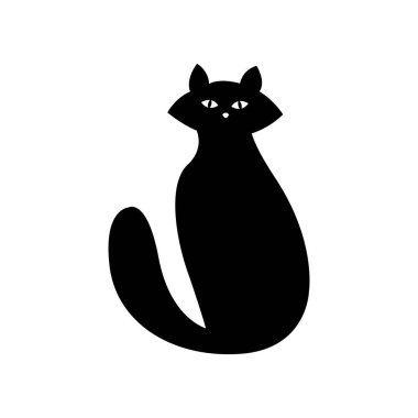 Beyaz arka planda gizemli siyah kedi. Vektör siluetli kedi. Evcil hayvan. Beyaz Arkaplanda Siyah Kedi Silueti. Simge Vektörü İllüstrasyonu. Logo, Yazdırma, Çıkartma Konsepti.
