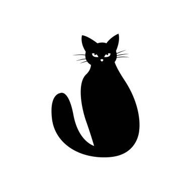 Beyaz arka planda gizemli siyah kedi. Vektör siluetli kedi. Evcil hayvan. Beyaz Arkaplanda Siyah Kedi Silueti. Simge Vektörü İllüstrasyonu. Logo, Yazdırma, Çıkartma Konsepti.