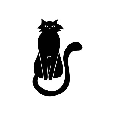 Beyaz arka planda gizemli siyah kedi. Vektör siluetli kedi. Evcil hayvan. Beyaz Arkaplanda Siyah Kedi Silueti. Simge Vektörü İllüstrasyonu. Logo, Yazdırma, Çıkartma Konsepti.