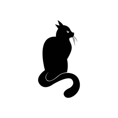 Beyaz arka planda gizemli siyah kedi. Vektör siluetli kedi. Evcil hayvan. Beyaz Arkaplanda Siyah Kedi Silueti. Simge Vektörü İllüstrasyonu. Logo, Yazdırma, Çıkartma Konsepti.