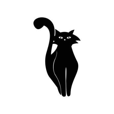 Beyaz arka planda gizemli siyah kedi. Vektör siluetli kedi. Evcil hayvan. Beyaz Arkaplanda Siyah Kedi Silueti. Simge Vektörü İllüstrasyonu. Logo, Yazdırma, Çıkartma Konsepti.