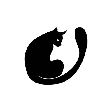 Beyaz arka planda gizemli siyah kedi. Vektör siluetli kedi. Evcil hayvan. Beyaz Arkaplanda Siyah Kedi Silueti. Simge Vektörü İllüstrasyonu. Logo, Yazdırma, Çıkartma Konsepti.