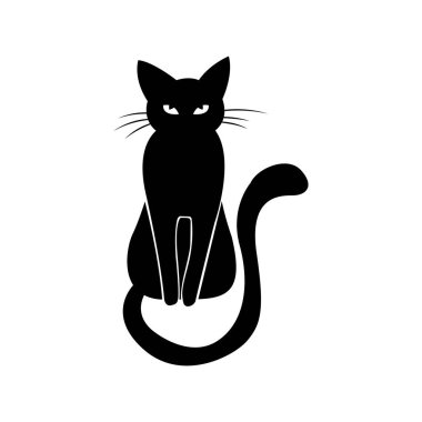 Beyaz arka planda gizemli siyah kedi. Vektör siluetli kedi. Evcil hayvan. Beyaz Arkaplanda Siyah Kedi Silueti. Simge Vektörü İllüstrasyonu. Logo, Yazdırma, Çıkartma Konsepti.