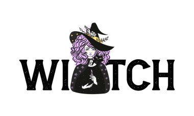 Cute witch and cat wearing hat. Vector illustration. Witch slogan.