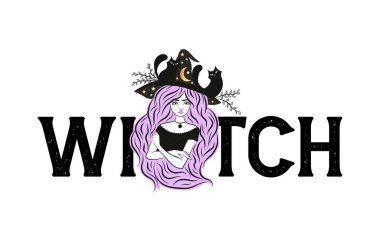 Cute witch and cat wearing hat. Vector illustration. Witch slogan.