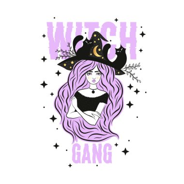 Cute witch and cat wearing hat. Vector illustration. Witch gang slogan with stars.