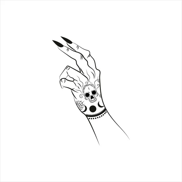 神秘女巫的手 用黑钉子 魔法的女巫手 Boho风格 一套魔法符号 女巫纹身 — 图库矢量图片