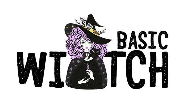 Aranyos boszorkány és macska kalapban. Vektor illusztráció. Alapvető boszorkány szlogen. — Stock Vector
