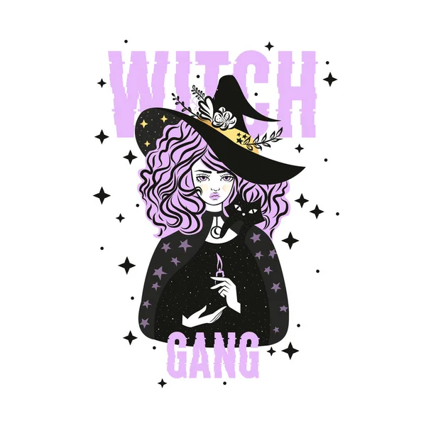 Cute witch and cat wearing hat. Vector illustration. Witch gang slogan with stars. — ストックベクタ
