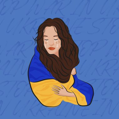 Ukraynalı kız. Ukrayna 'daki savaşı durdurun. Ukrayna Savaş Posteri. Vektör İllüstrasyonu.