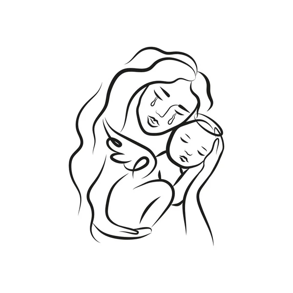 女人抱着孩子的简约的轮廓。母亲和孩子。矢量说明. — 图库矢量图片
