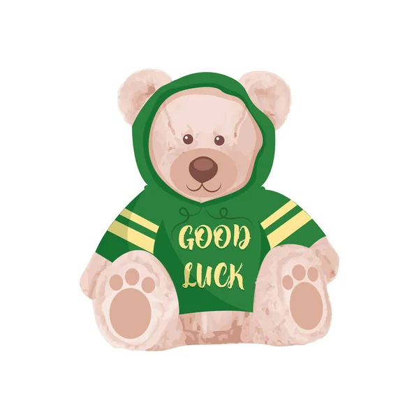 Good Luck Slogan Cute Brown Bear Doll Vector Illustration Funny — Vector de stock