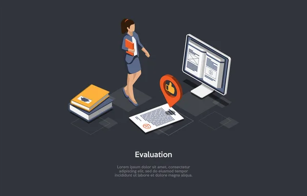 Utvärderingskonceptillustration. Isometrisk vektor sammansättning, tecknad 3D-stil. Mörk bakgrund, Text. Bedömning av skolans eller universitetets uppsatser. Utbildningsprocess, lärande- och examensprövning. — Stock vektor