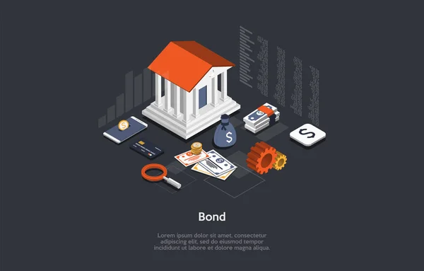 Ilustração vetorial. Desenhos animados em estilo 3D. Composição isométrica. Conceptual Design. Documentos de seguro de caução. Serviço de Banca Financeira. Edifício grande, artigos diferentes do dinheiro, elementos infográficos em torno. — Vetor de Stock