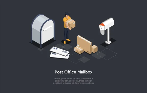 Isometrische Zusammensetzung, Vektordesign. 3D Cartoon Style Illustration mit Schreiben auf Post Office Mailbox Konzept. Entsendungsdienst. Mitarbeiterinnen in Uniform mit Karton, Umschlägen, Briefen. — Stockvektor