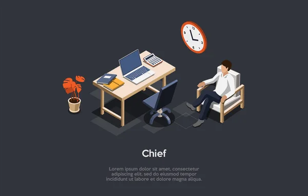 Isometrisk sammansättning, vektordesign. 3D-tecknad stil illustration med att skriva på företagets Chief Concept. Affärsmän som sitter på stol. Kontorsskåp Inredningselement, Skrivbord, Bärbar dator, Kalkylator. — Stock vektor