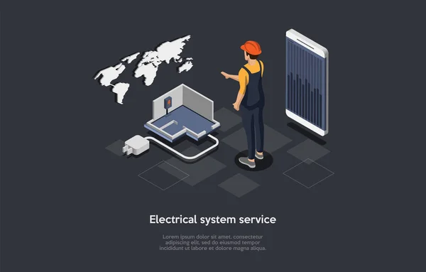 Ηλεκτρικό Σύστημα Service Concept Εικονογράφηση διάνυσμα σε σκούρο φόντο με κείμενο. Ισομετρική σύνθεση σε καρτούν 3D στυλ. Διαδικασία της παροχής ηλεκτρικής ενέργειας του σπιτιού. Παγκόσμια Εταιρεία, Χάρτης, Εργάτης. — Διανυσματικό Αρχείο