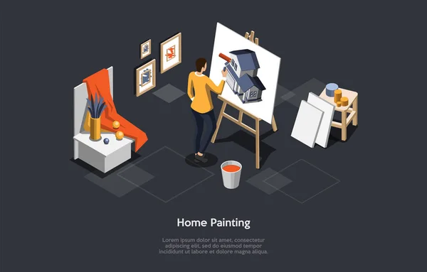 ( 영어 ) Home Painting Concept Vector Illustration On Dark Background With Text. 카툰 3D 스타일로 제작되었다. 집을 수리하는 과정: 색을 고르는 과정. 새 건물을 위하여 염료를 택하는 설계자. — 스톡 벡터