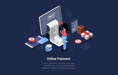 Çevrimiçi Ödeme Tasviri Karanlık Arkaplanda Yazma ile İllüzyon. Çizgi film 3 boyutlu Isometric Vektör Bileşimi. İnternet, Uzaktan Mallar Sipariş Servisi, Fatura Ödeme Sistemi