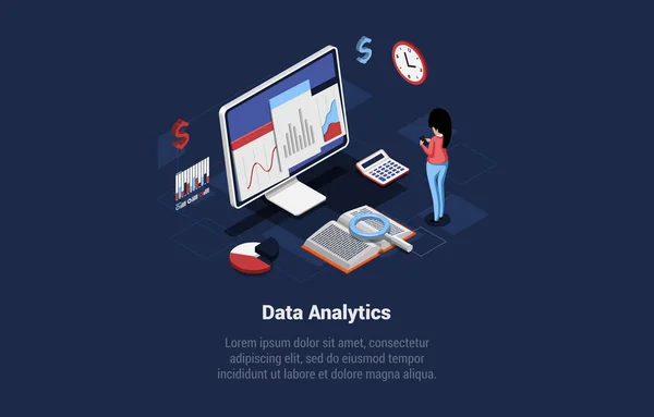 Data Analytics Concept Vector Illustration On Dark Background With Writings. Izometrická kompozice v kresleném 3D stylu. Znak, objekty. Počítač s informacemi na obrazovce, Žena stojící v blízkosti — Stockový vektor