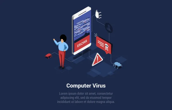 コンピュータウイルスの概念図漫画の3Dスタイルで。ダークブルーの背景にアイソメトリックベクターコンポジション。ソフトウェアエラー、コードミスアイデア。クラックの危険性、警告、バグの兆候を回避 — ストックベクタ
