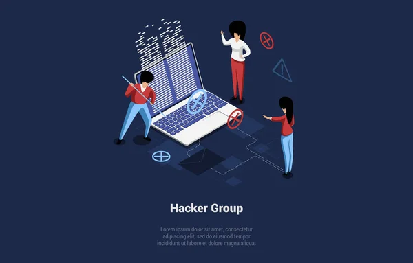 Hacker Group Concept Εικονογράφηση σε καρτούν 3D στυλ. Ισομετρική σύνθεση διανύσματος σε σκούρο μπλε φόντο. Κλέφτες κυβερνοχώρου που σπάνε το σύστημα υπολογιστών, επίθεση κώδικα λογισμικού. Laptop, Infographics Around — Διανυσματικό Αρχείο