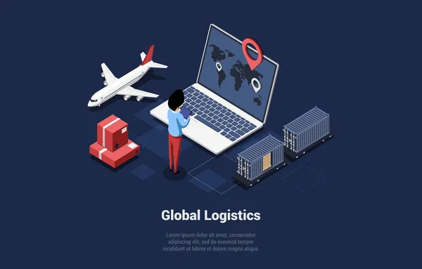 Ilustração vetorial isométrica com escrita. Composição conceitual no estilo dos desenhos animados 3D. Global Logistics Control Service, Monitor Internacional de Transporte de Produtos. Seguros de transferência de segurança —  Vetores de Stock