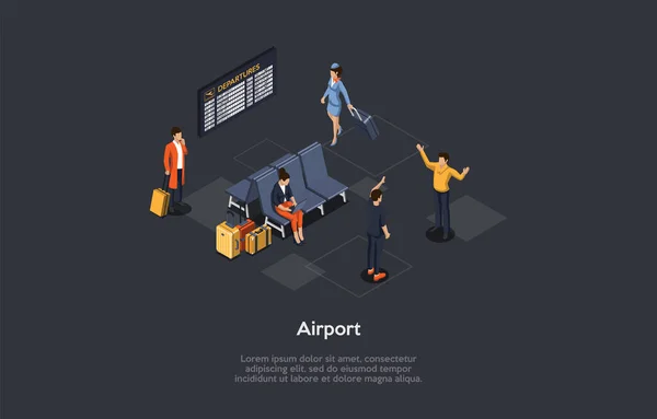 Vektor illusztráció, rajzfilm 3D stílus. Izometrikus összetétel, repülőtéri koncepció írás. Beltéri elemek, infografikák. Emberek csoportja. Repülésre váró utasok, Sétáló stewardess — Stock Vector