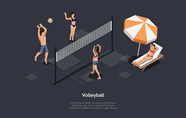 Illustration vectorielle de concept de sport de volleyball de plage sur fond sombre avec des écritures. Composition isométrique en dessin animé de style 3D. Personnages, Objets. Personnes jouant au jeu sur le bord de la mer, une personne au repos — Image vectorielle