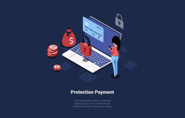 Koyu mavi arkaplan üzerine Isometric vektör illüstrasyonu, metin, karakter ve nesnelerle karikatür 3 boyutlu tasviri. Koruma Ödemeleri, Güvenli İnternet Bankacılık ve İşlemleri