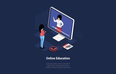 Koyu mavi arkaplan üzerine Isometric vektör illüstrasyonu, metin, karakter ve nesnelerle karikatür 3 boyutlu tasviri. Çevrimiçi Eğitim, İnternet Çalışma Süreci, Uzaktan Öğrenme