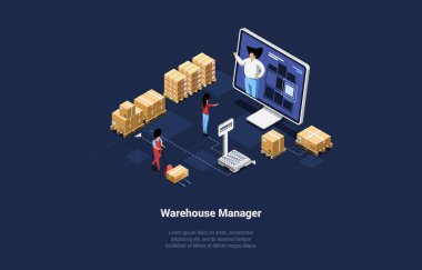 Concept Illustration, Cartoon 3D Style. Isometric Vector Composition With Writings, Infographics And Characters. Warehouse Manager, Professional Worker. Storehouse Marketing, Trade Control Person clipart