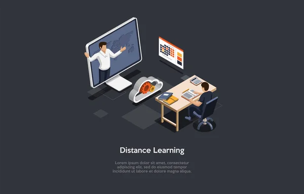 Távolság Learning Class Koncepció Illusztráció Rajzfilm 3D-s stílusban. Izometrikus kompozíció sötét háttér írás. Távoktatási ötletek, karantén kérdések. A tanulás és a tanítás modern módjai — Stock Vector