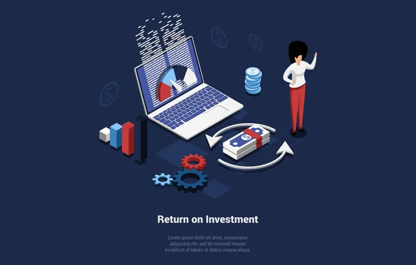 Return On Investment Concept Ilustração no estilo dos desenhos animados 3D. Composição vetorial isométrica em fundo escuro com caráter. Cashback Serviço, Reembolso Regresso Sistema, SafeFinancial Business Deals — Vetor de Stock