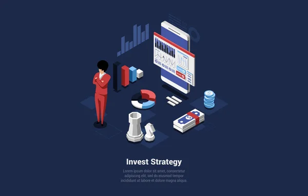 Business Invest Strategy Concept Illustration im Cartoon 3D Stil. Isometrische Vektorzusammensetzung auf dunklem Hintergrund mit Charakter. Finanzgeschäfte Analytik und Marketing-Prozess, Professionelle Finanzierung — Stockvektor