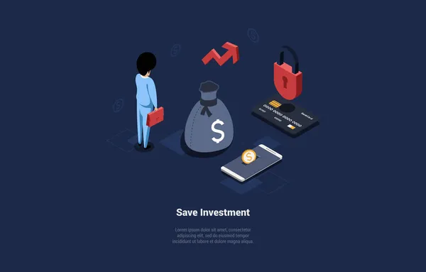 Spara Investment Concept Illustration i tecknad 3D-stil. Isometrisk vektorsammansättning OnDark bakgrund med karaktär. Affärsfinansiering, finansiella affärer. Säkerhet och tydlighet i marknadsföringssystem — Stock vektor