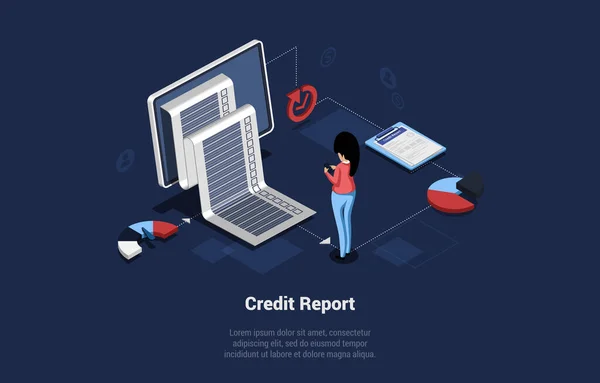 Credit Report Concept Εικονογράφηση σε καρτούν 3D στυλ. Ισομετρική σύνθεση διάνυσμα σε σκούρο φόντο με χαρακτήρα. Τραπεζικές πληροφορίες, Χρηματοοικονομικός Λογαριασμός, Διαδικασία Συνδρομητών, Επιχειρηματίας — Διανυσματικό Αρχείο